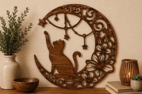 Download Moon Cat Wall Art SVG Laser Cut File - Wall art Collection